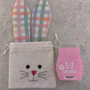 Scentsy Pink Strawberries & Cream Wax with Pastel Plaid Bunny Sachet